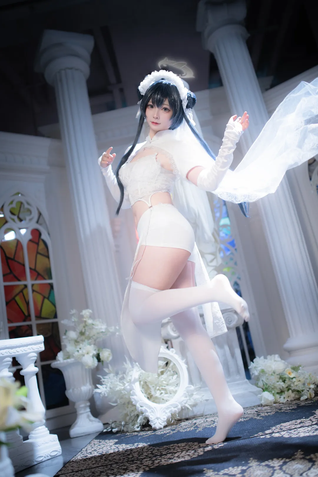 Anime-style photography, Blue Archive, Misaki cosplay, Church scene, Shiromuku style - Image 3