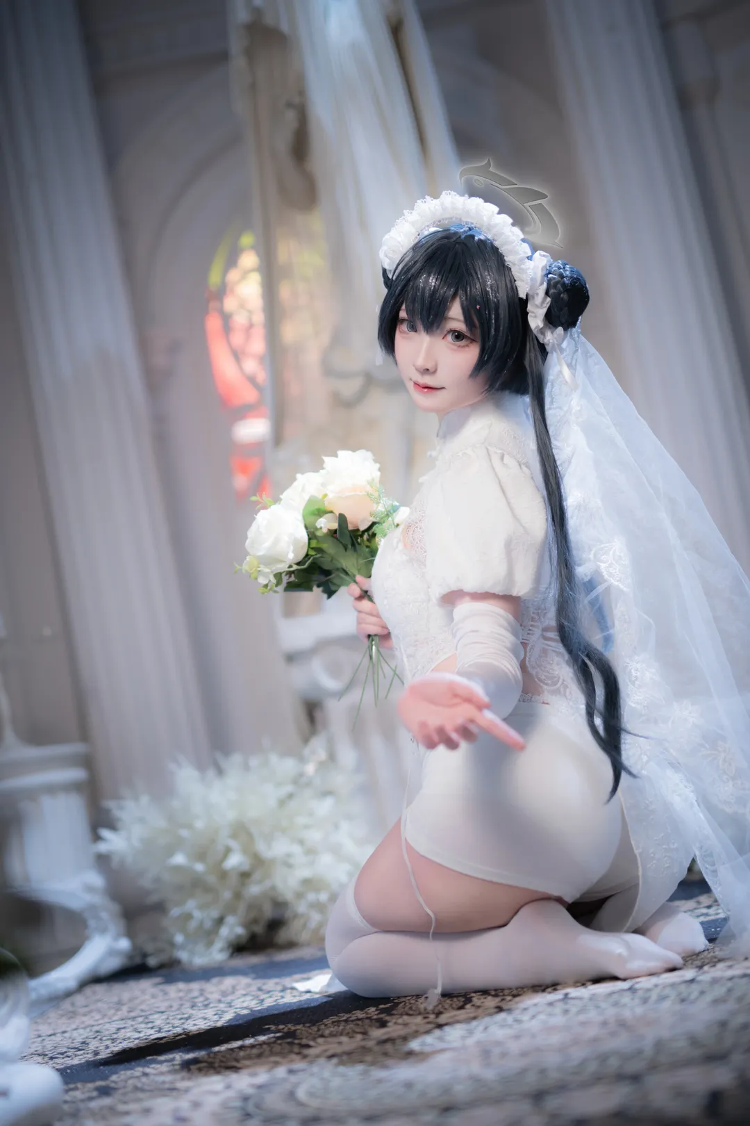 Anime-style photography, Blue Archive, Misaki cosplay, Church scene, Shiromuku style - Image 5
