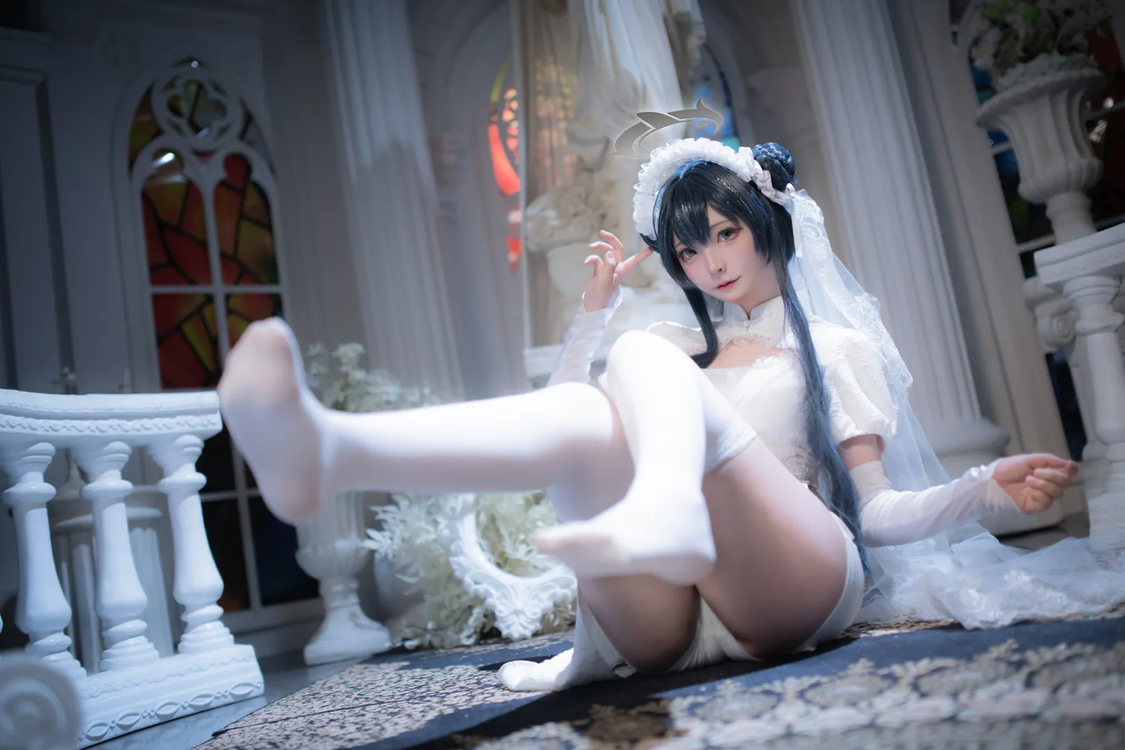 Anime-style photography, Blue Archive, Misaki cosplay, Church scene, Shiromuku style - Image 9