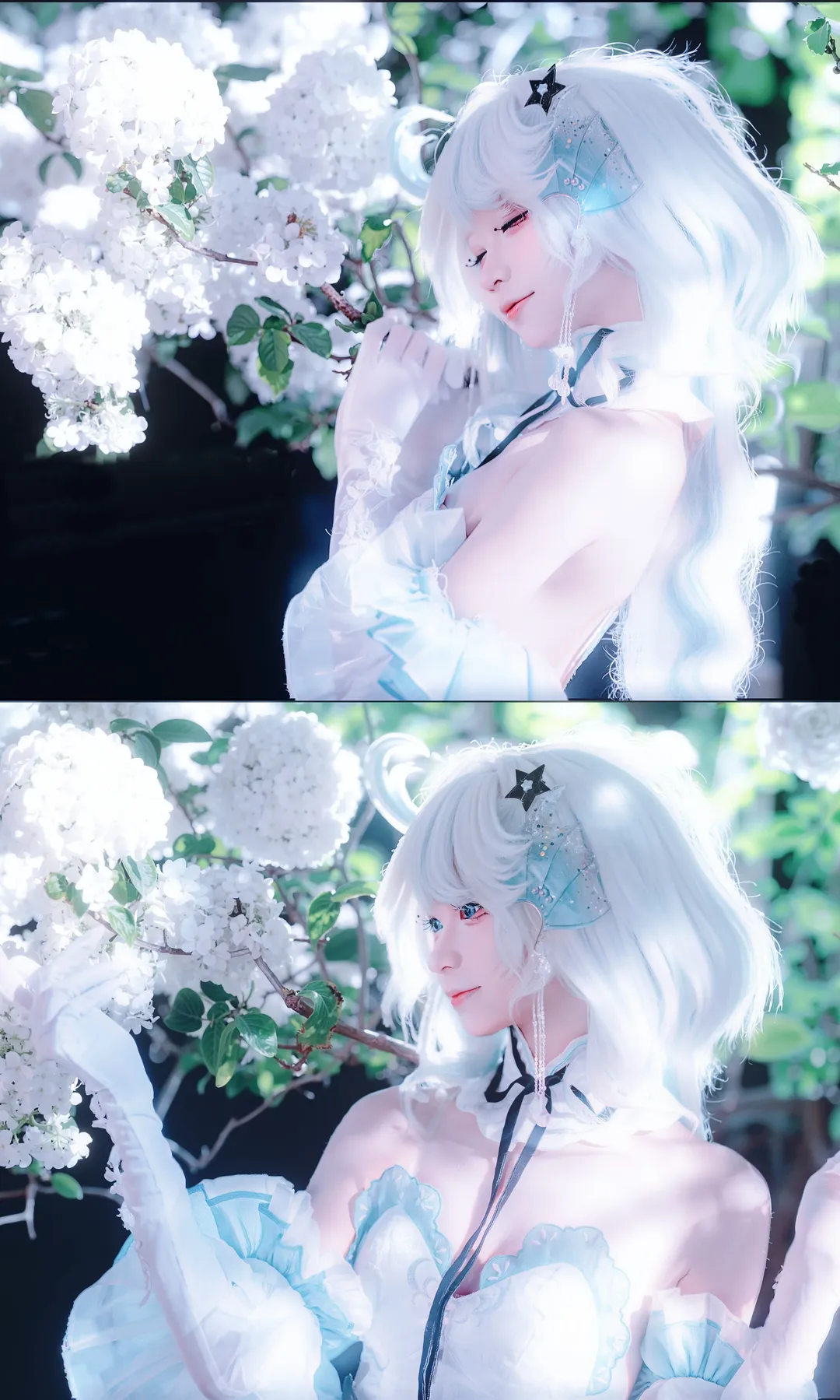 原神, 芙宁娜cos, cosplay摄影, 白色系穿搭, 绣球花拍照 - 第2张