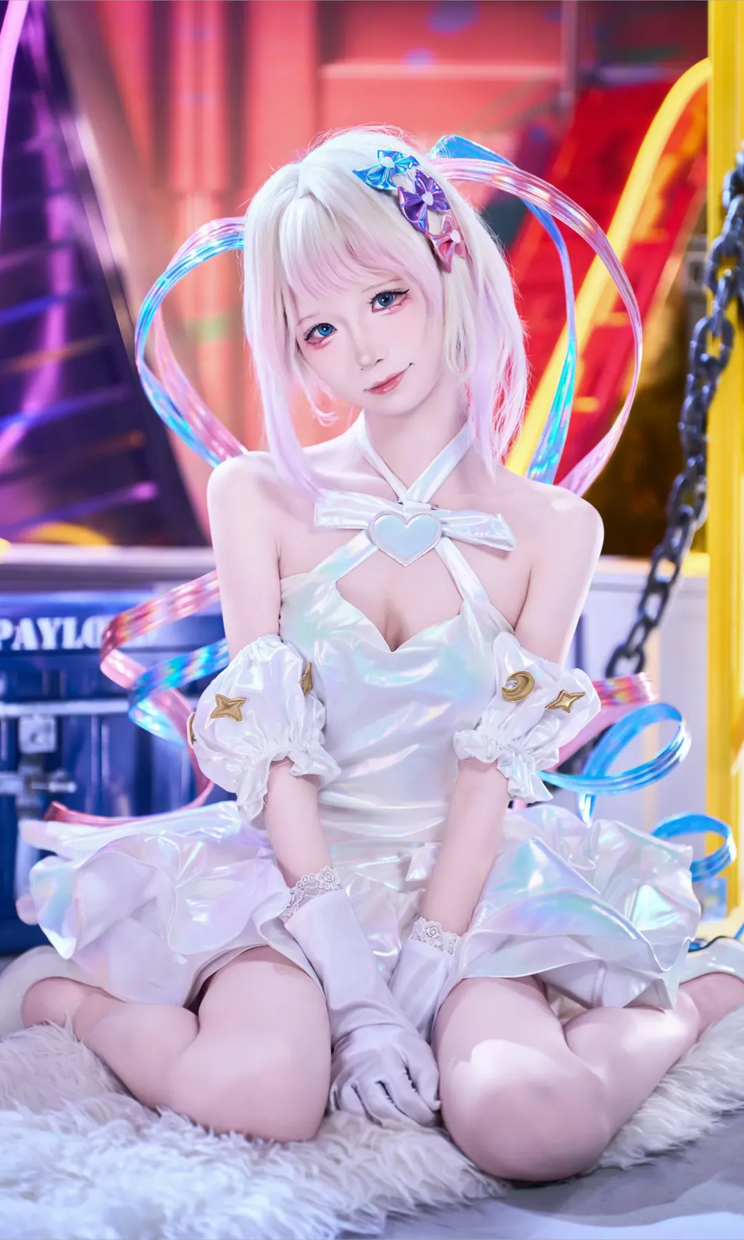 KAngel cosplay, Anime-style outfit, Holographic sequin skirt, Twintail girl, Neon light effect photography - Image 1