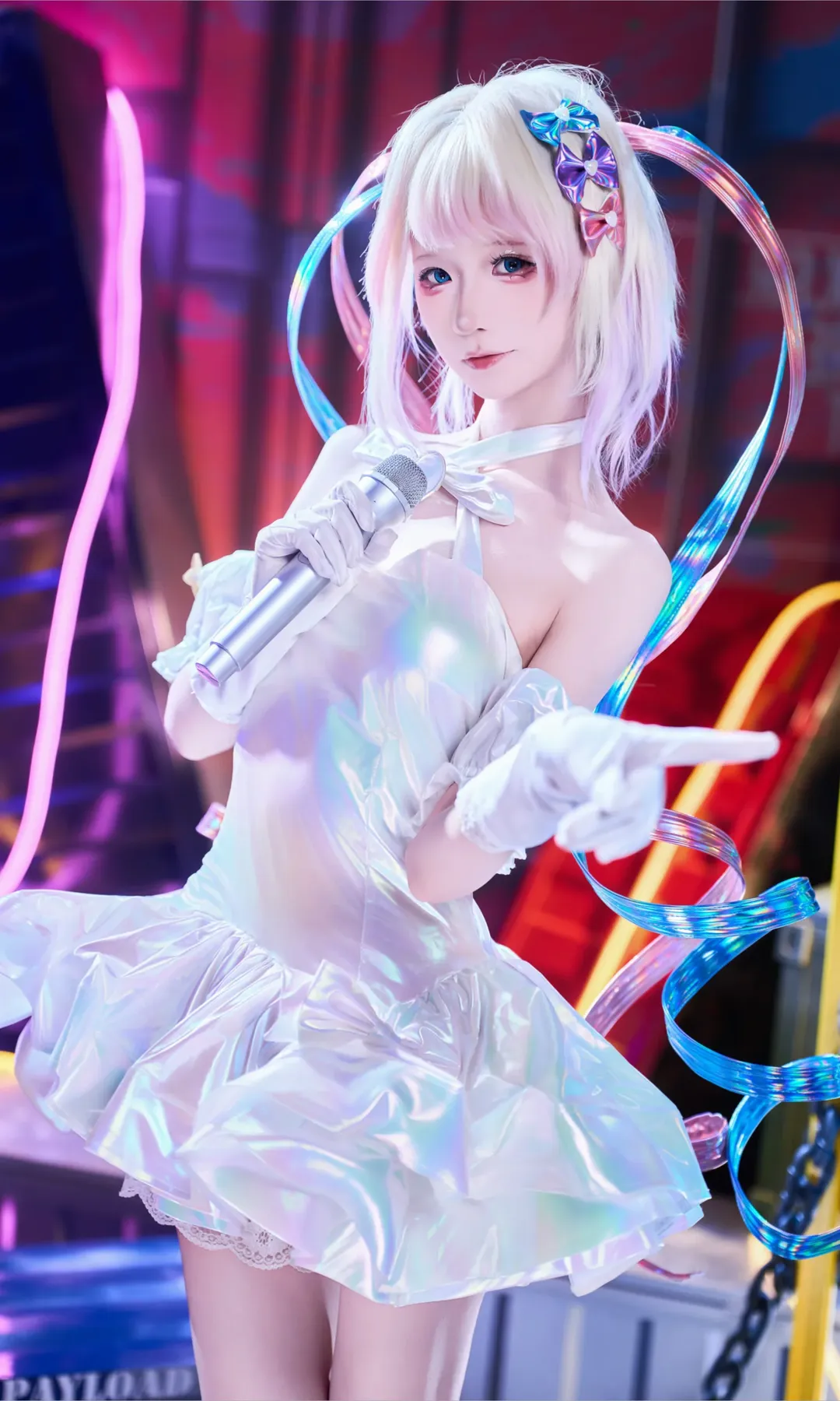 KAngel cosplay, Anime-style outfit, Holographic sequin skirt, Twintail girl, Neon light effect photography - Image 3