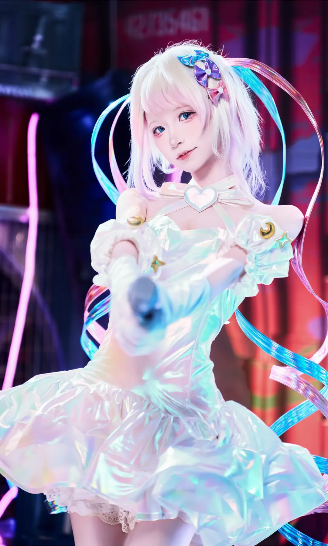 KAngel cosplay, Anime-style outfit, Holographic sequin skirt, Twintail girl, Neon light effect photography - Image 4