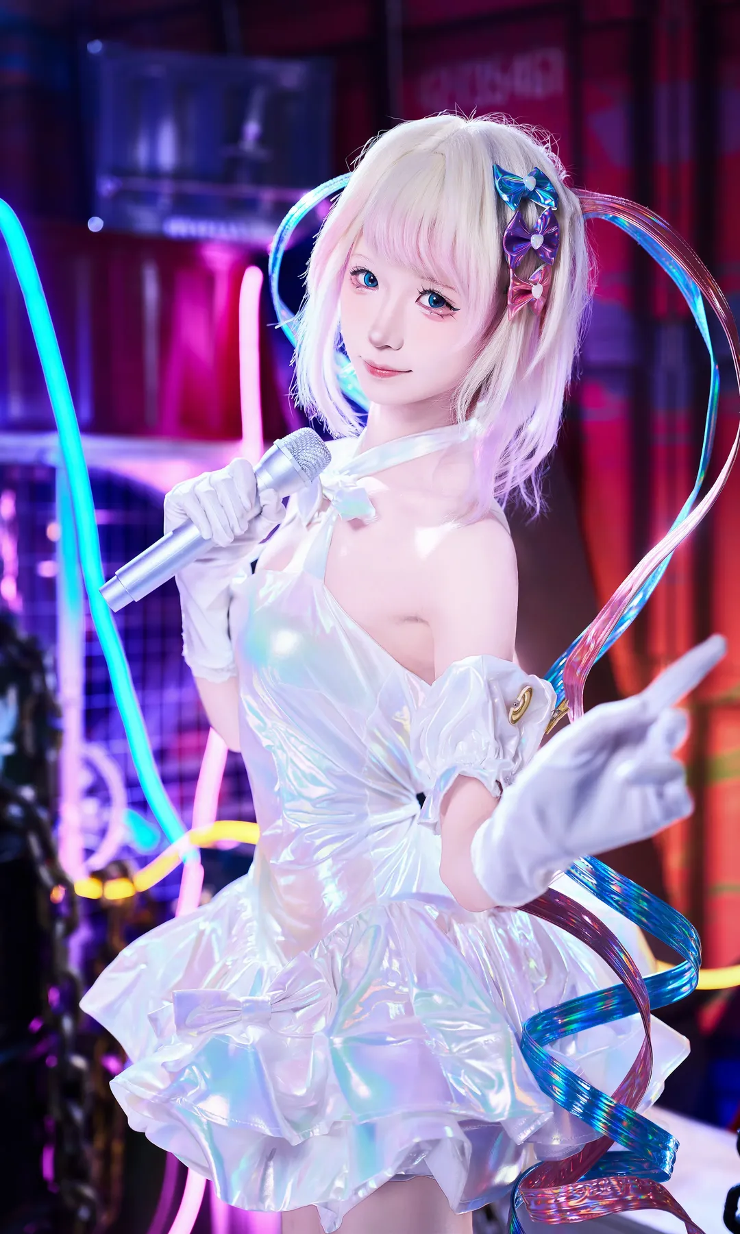 KAngel cosplay, Anime-style outfit, Holographic sequin skirt, Twintail girl, Neon light effect photography - Image 5