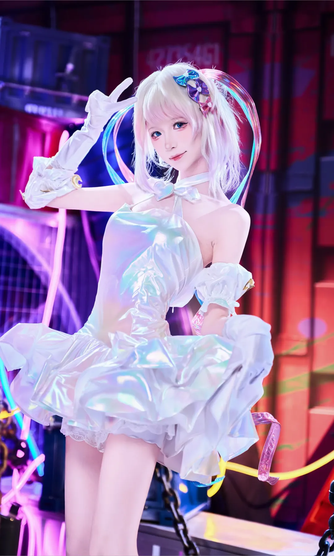 KAngel cosplay, Anime-style outfit, Holographic sequin skirt, Twintail girl, Neon light effect photography - Image 6