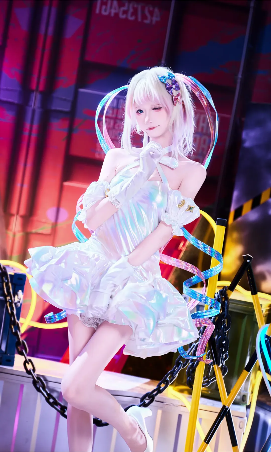 KAngel cosplay, Anime-style outfit, Holographic sequin skirt, Twintail girl, Neon light effect photography - Image 7