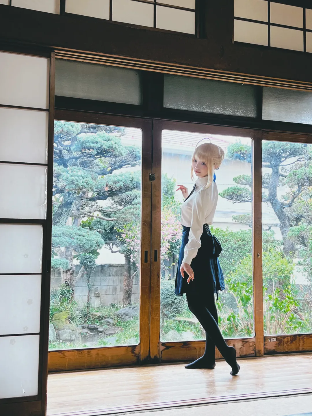 阿尔托莉雅cos, 和风摄影, Fate/stay night, 黑丝穿搭, 日系制服