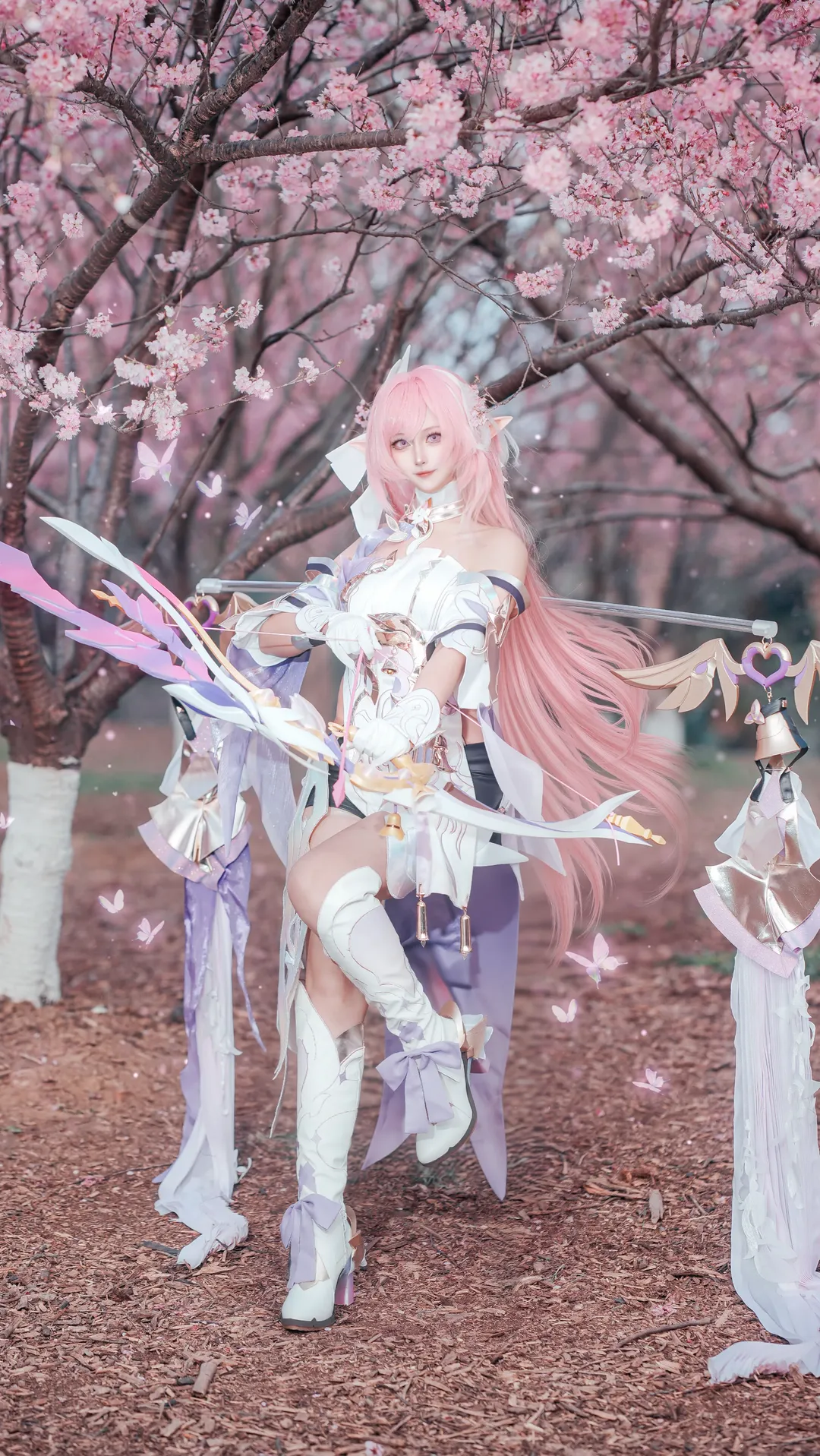Elysia Cosplay, Honkai Impact 3rd, Anime cosplay, Elf girl, Cherry blossom outdoor photoshoot