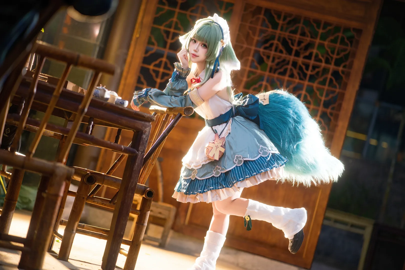 Honkai: Star Rail, Huohuo cosplay, Maid outfit cosplay, Tea room photography, Fluffy tail