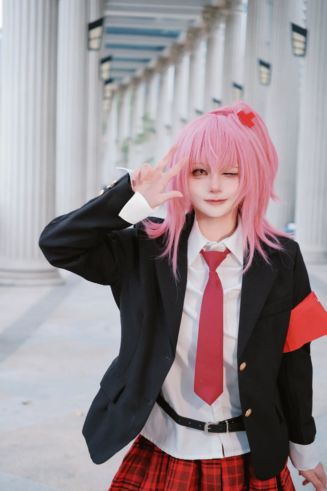 校園風cosplay, 守護甜心, 日奈森亞夢cos, 紅黑格紋制服, 粉紅短髮 - 第3張