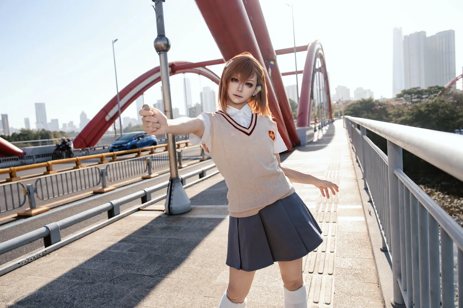 校园制服, 逆光人像, 某科学的超电磁炮, 御坂美琴cos, 城市桥梁外景 - 第6张