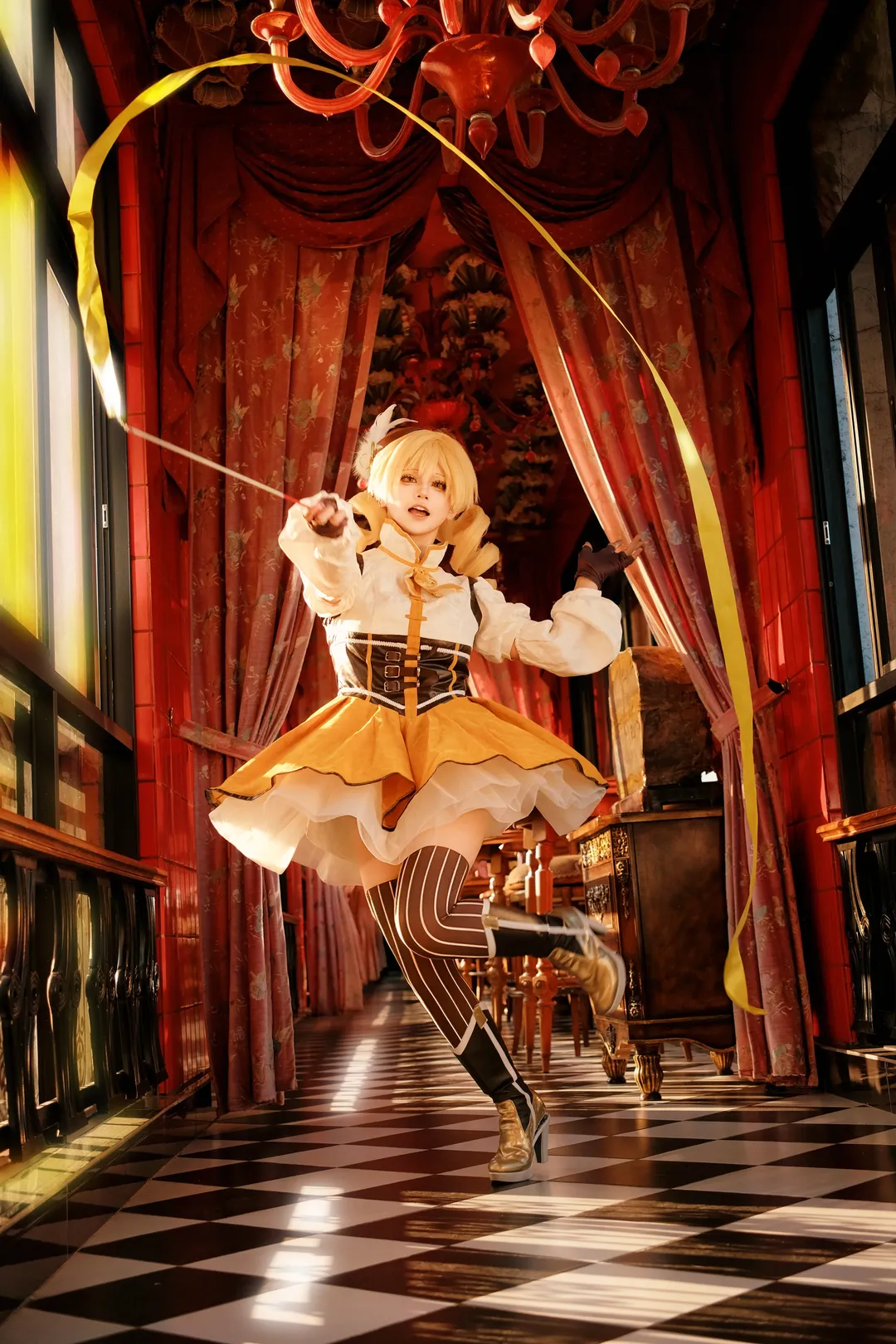 Puella Magi Madoka Magica, Cosplay photography, Action shot, Mami Tomoe cosplay, Yellow ribbon