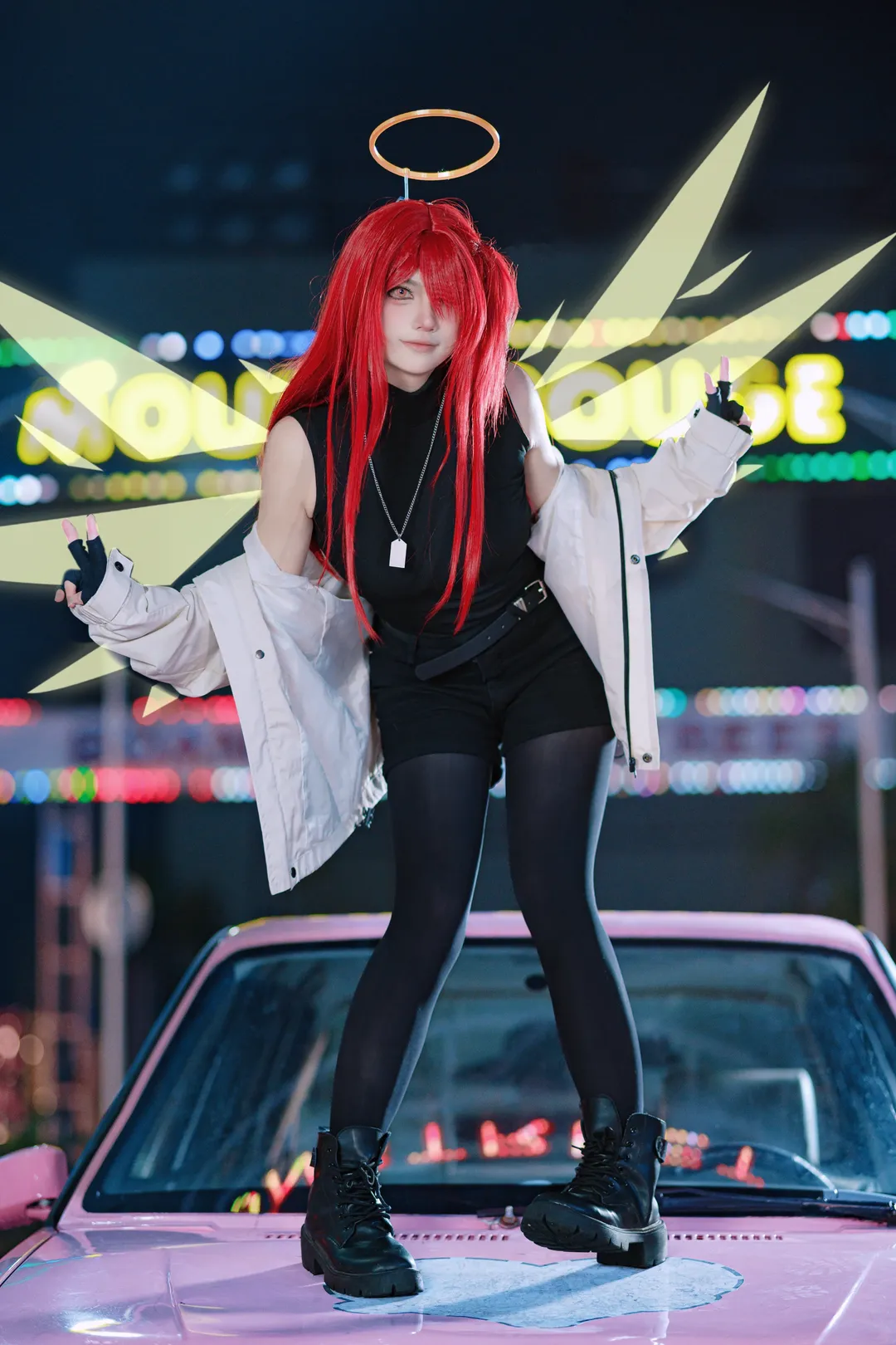 明日方舟, cosplay正片, 红发造型, 夜景街拍, 能天使cos - 第1张