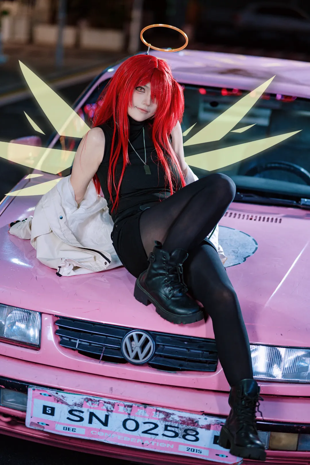 明日方舟, cosplay正片, 红发造型, 夜景街拍, 能天使cos