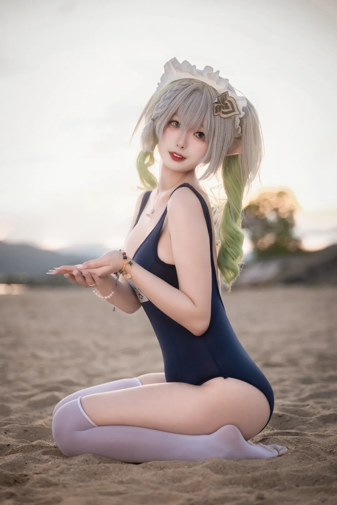 原神, 纳西妲cos, 精灵耳, cosplay摄影, 沙滩泳装 - 第2张