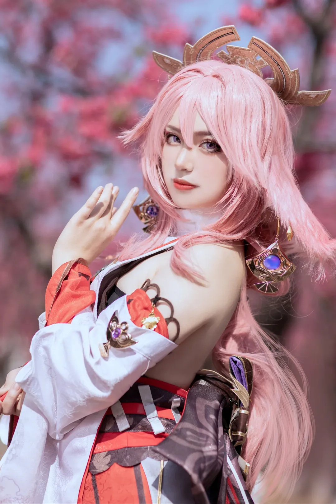 原神, cosplay, 八重神子cos, 櫻花外景, 狐仙