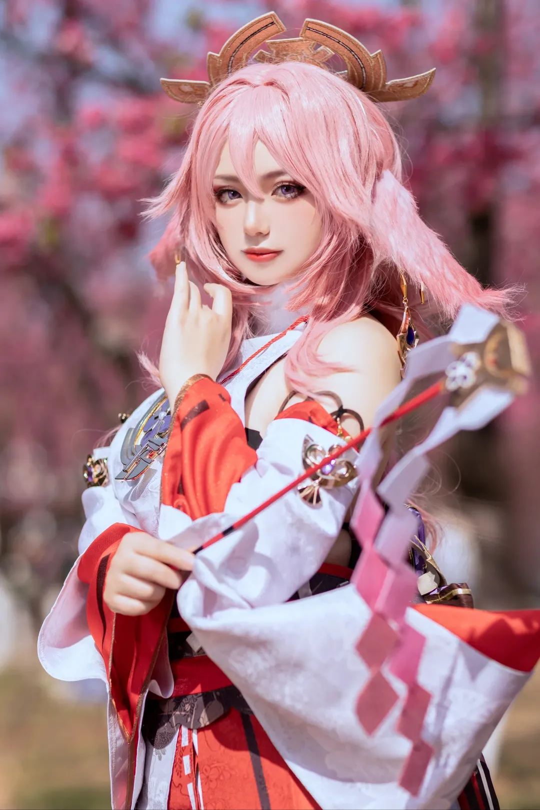 原神, cosplay, 八重神子cos, 樱花外景, 狐仙 - 第4张