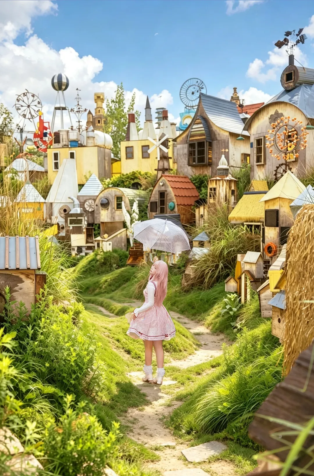 Anime-style photography, Nikki cosplay, Pink wig, Shining Nikki, Miniature landscape