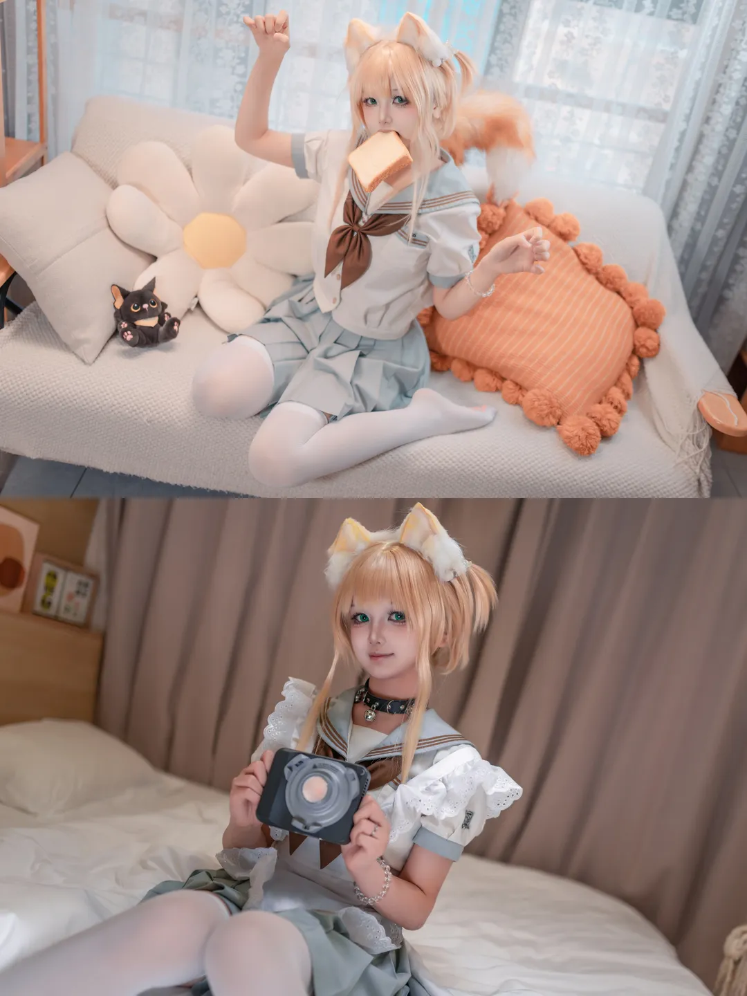 JK制服, コスプレ撮影, 白ニーソコーデ, 獣耳少女, 寝室の雰囲気 - 1枚目