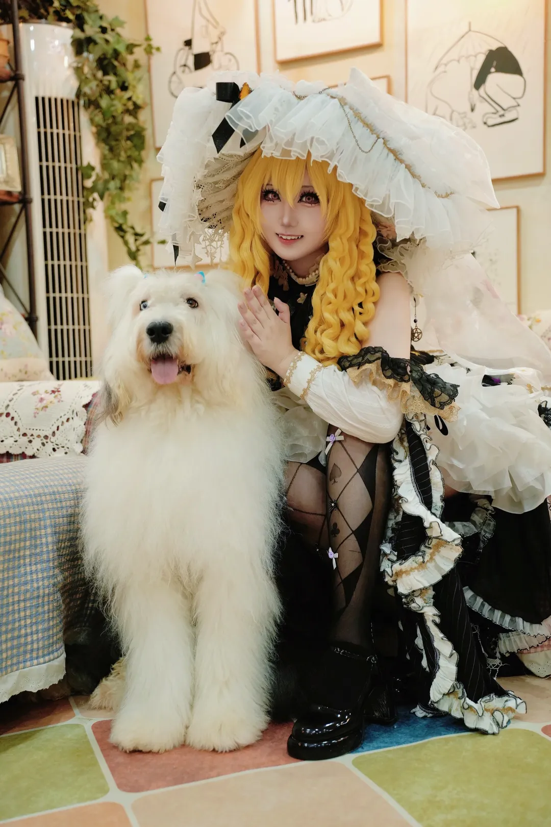 东方project, 雾雨魔理沙cos, cosplay摄影, 网袜穿搭, 大型犬同框
