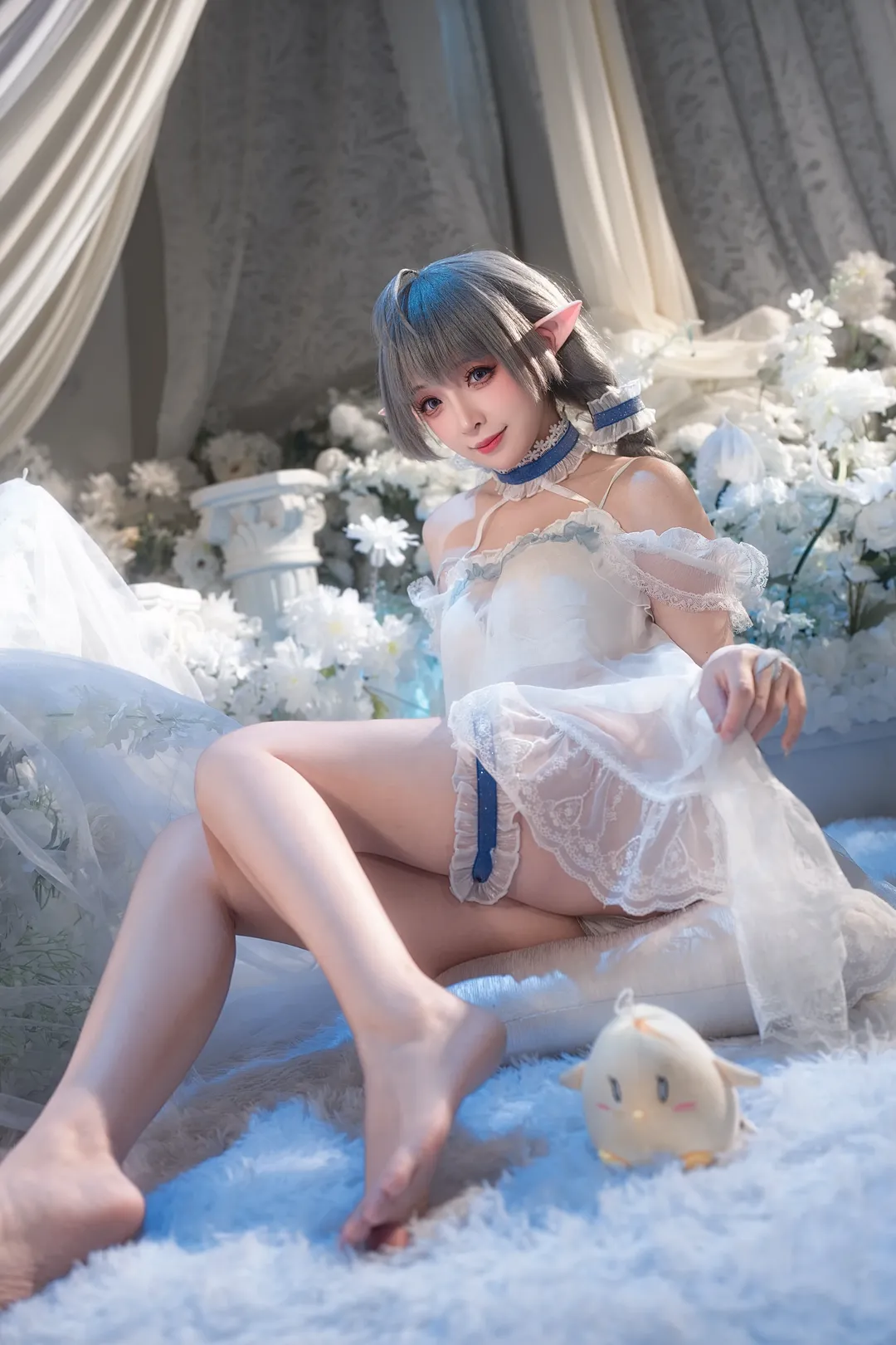 碧蓝航线, 埃佛森cos, cosplay正片, 精灵耳cos, 白色蕾丝睡衣 - 第1张
