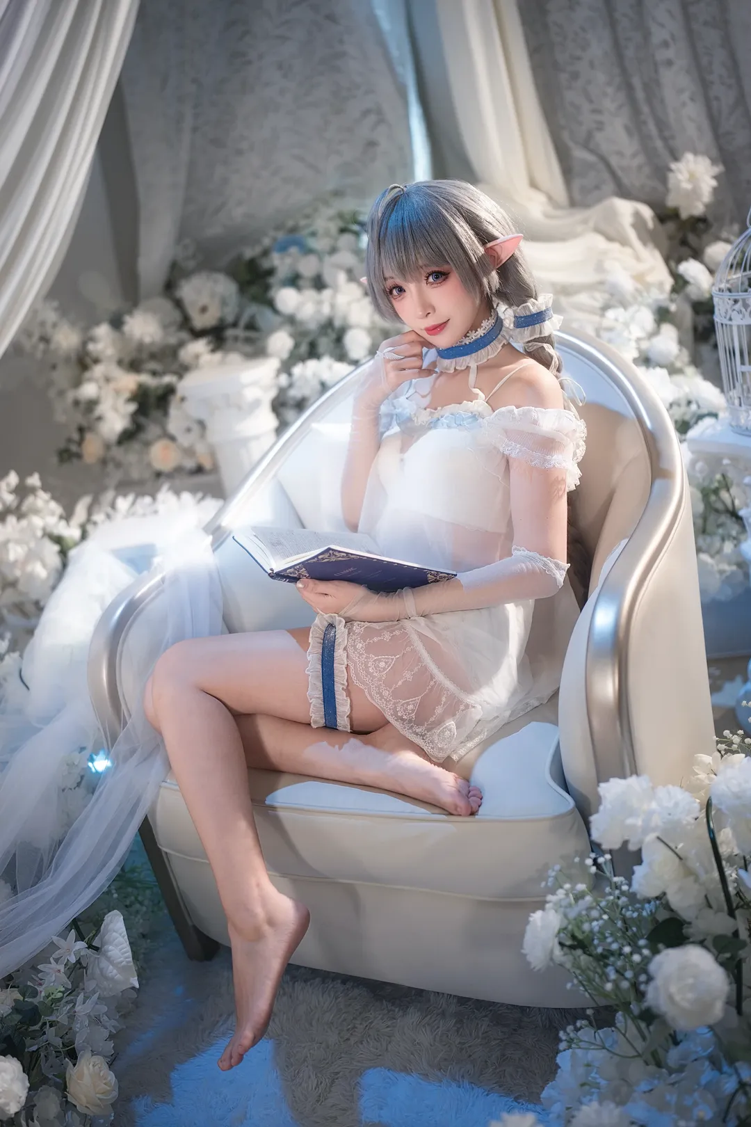 碧蓝航线, 埃佛森cos, cosplay正片, 精灵耳cos, 白色蕾丝睡衣 - 第2张