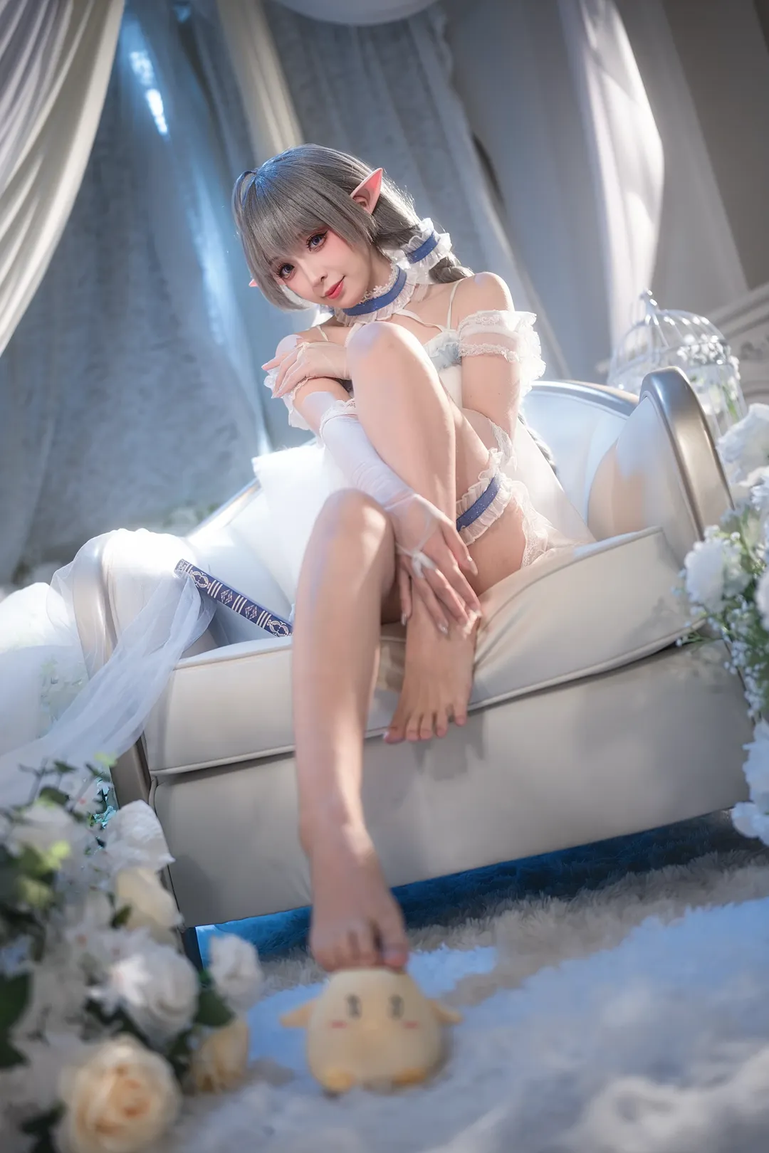 碧蓝航线, 埃佛森cos, cosplay正片, 精灵耳cos, 白色蕾丝睡衣