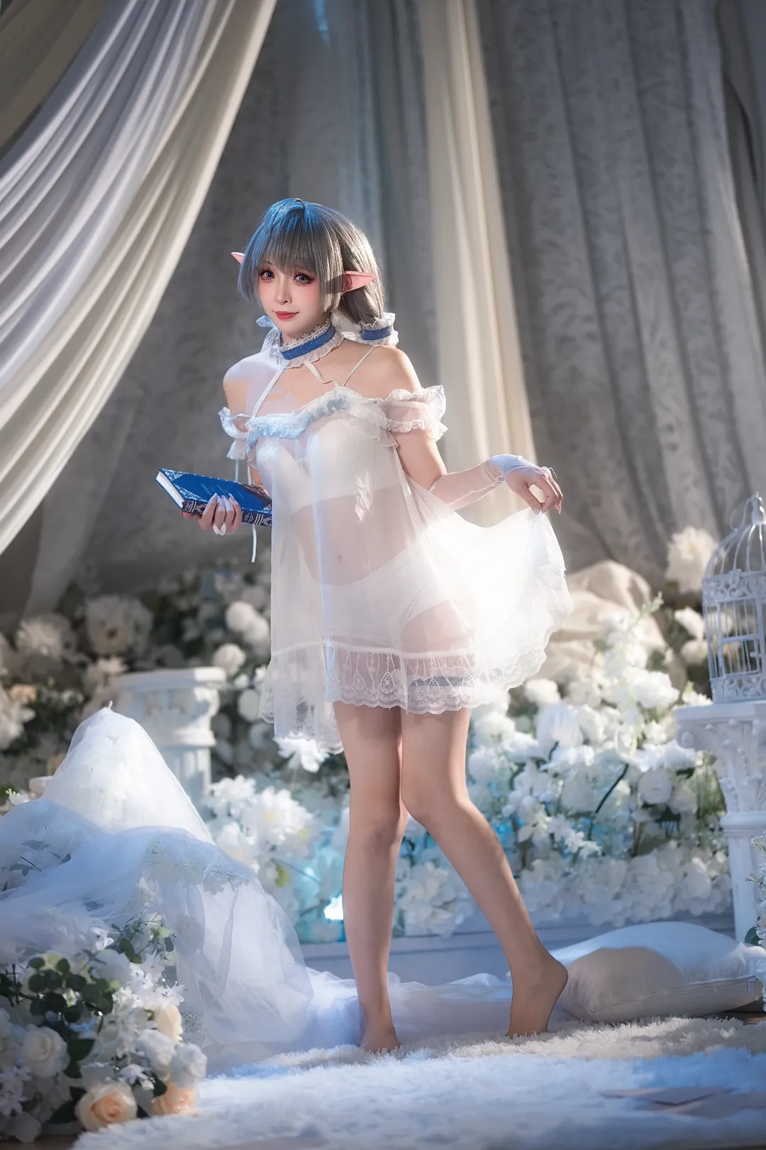 碧蓝航线, 埃佛森cos, cosplay正片, 精灵耳cos, 白色蕾丝睡衣 - 第4张