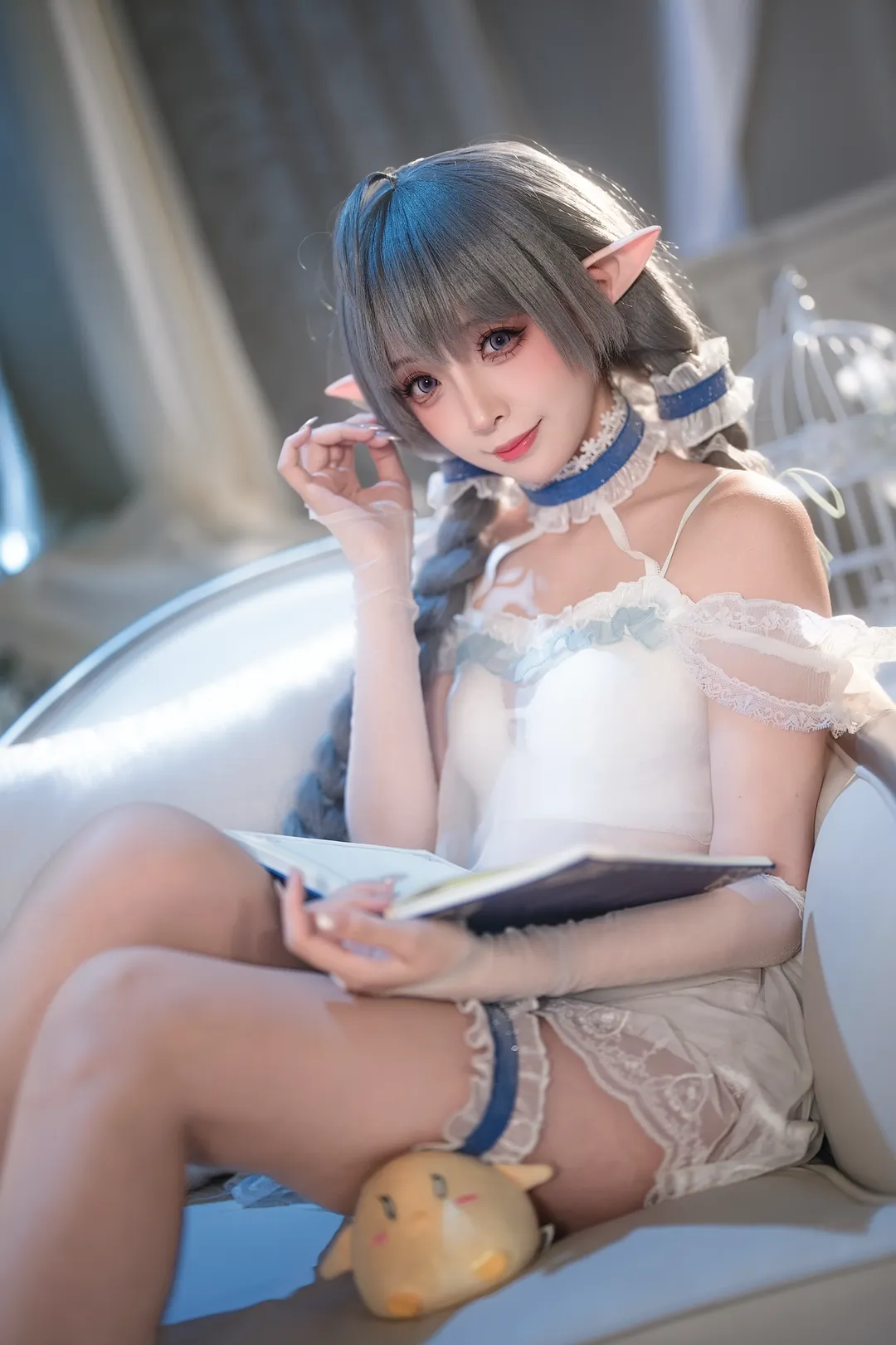 碧蓝航线, 埃佛森cos, cosplay正片, 精灵耳cos, 白色蕾丝睡衣 - 第5张