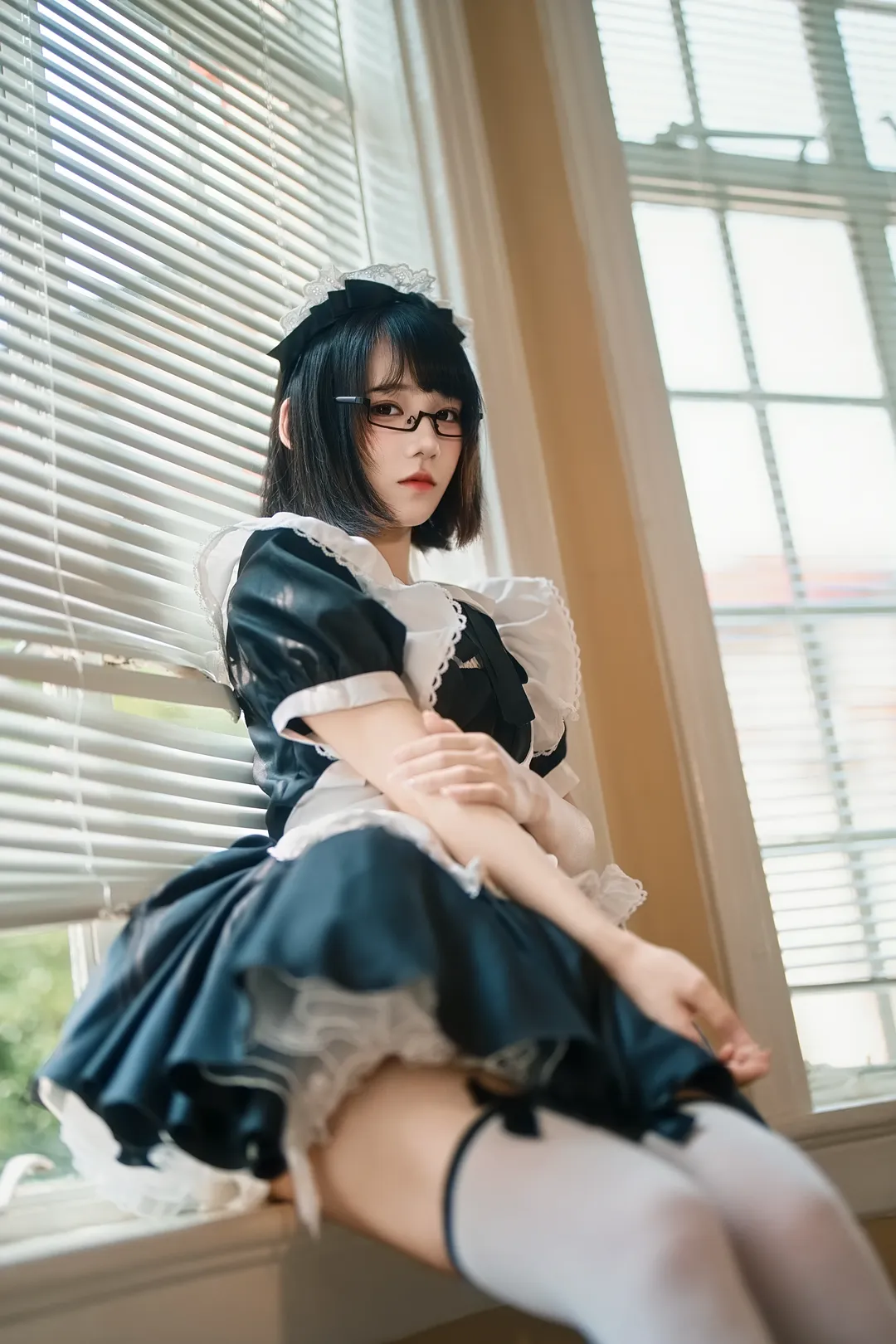 Indoor photography, White thigh-highs outfit, 2D daily life, Maid outfit cosplay, Natural light photography - Image 1