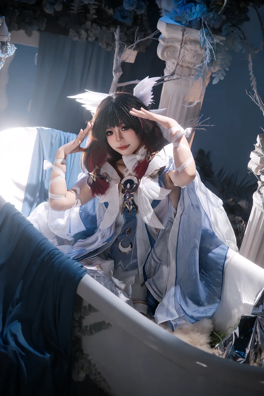 コロンビーナ コスプレ, 二次元コスプレ, コスプレ撮影, 雰囲気コス, 青と白のコーデ