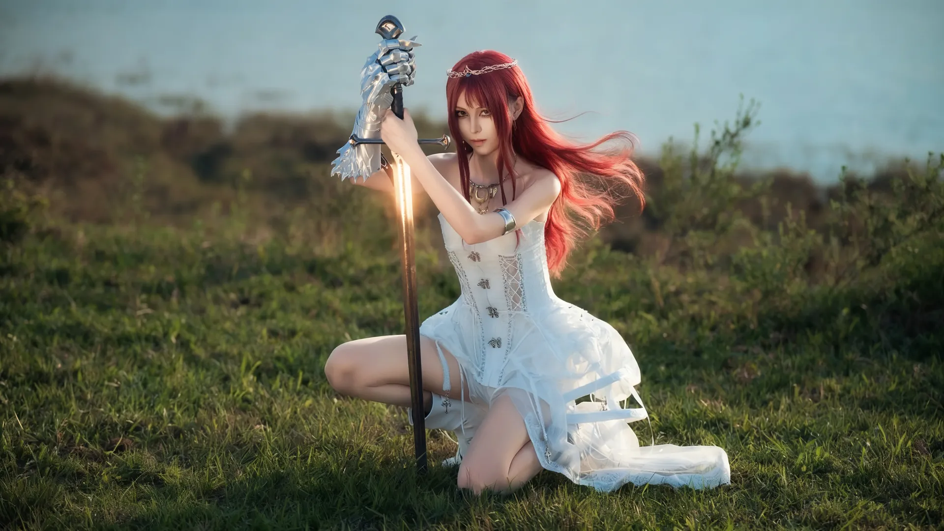 户外摄影, 红发cos, 女骑士cos, 白裙战斗装, 奇幻风cosplay