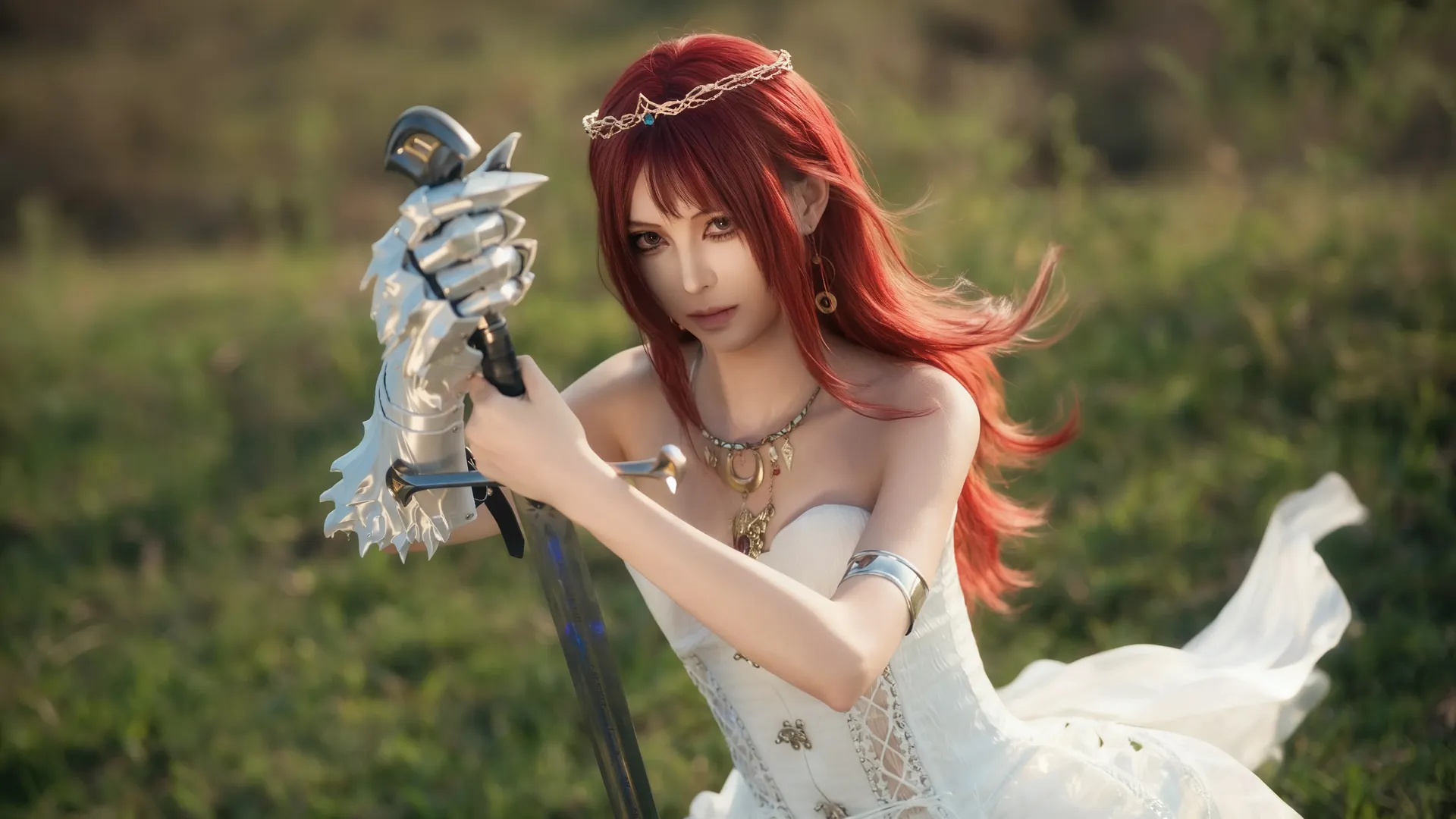 户外摄影, 红发cos, 女骑士cos, 白裙战斗装, 奇幻风cosplay - 第3张