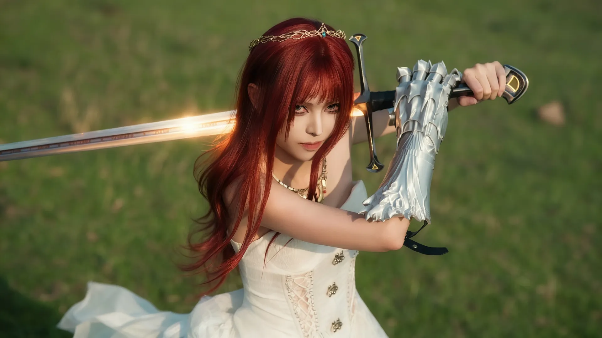 户外摄影, 红发cos, 女骑士cos, 白裙战斗装, 奇幻风cosplay - 第4张
