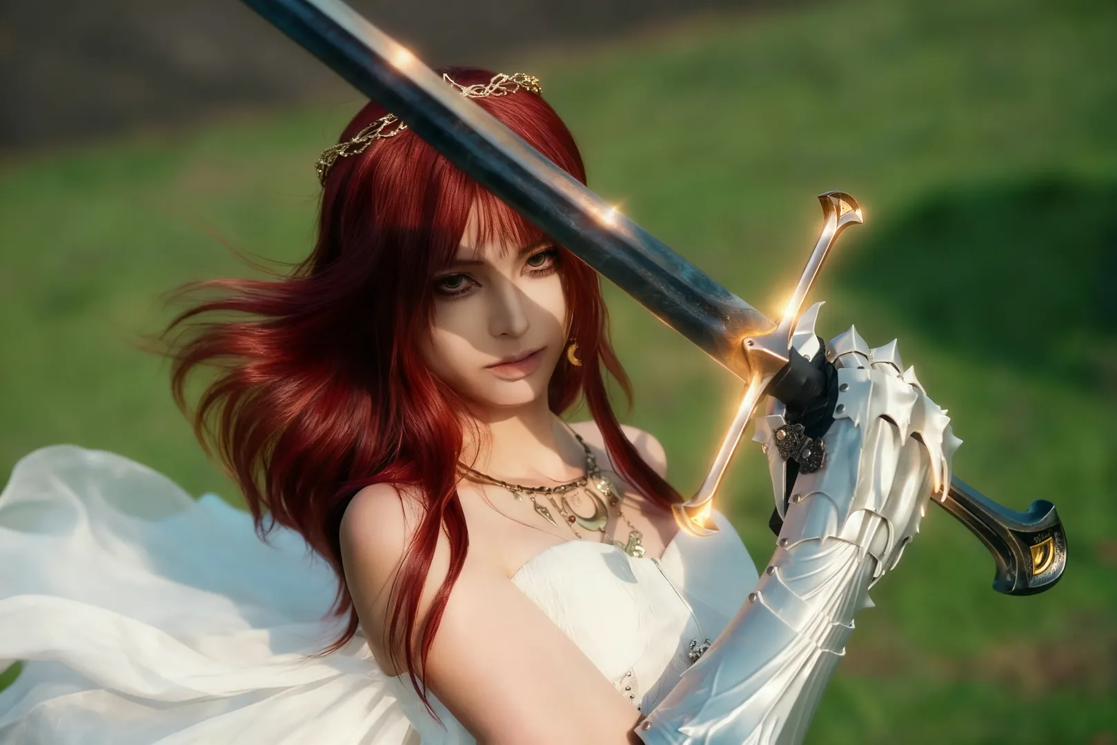 户外摄影, 红发cos, 女骑士cos, 白裙战斗装, 奇幻风cosplay - 第6张