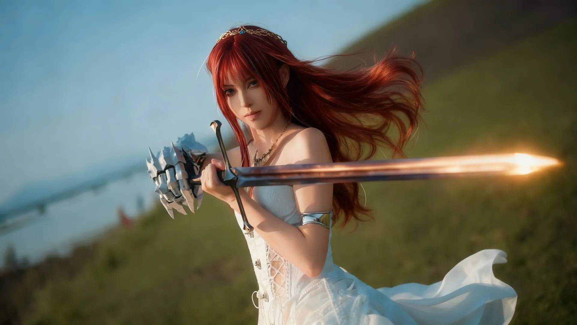 户外摄影, 红发cos, 女骑士cos, 白裙战斗装, 奇幻风cosplay - 第8张