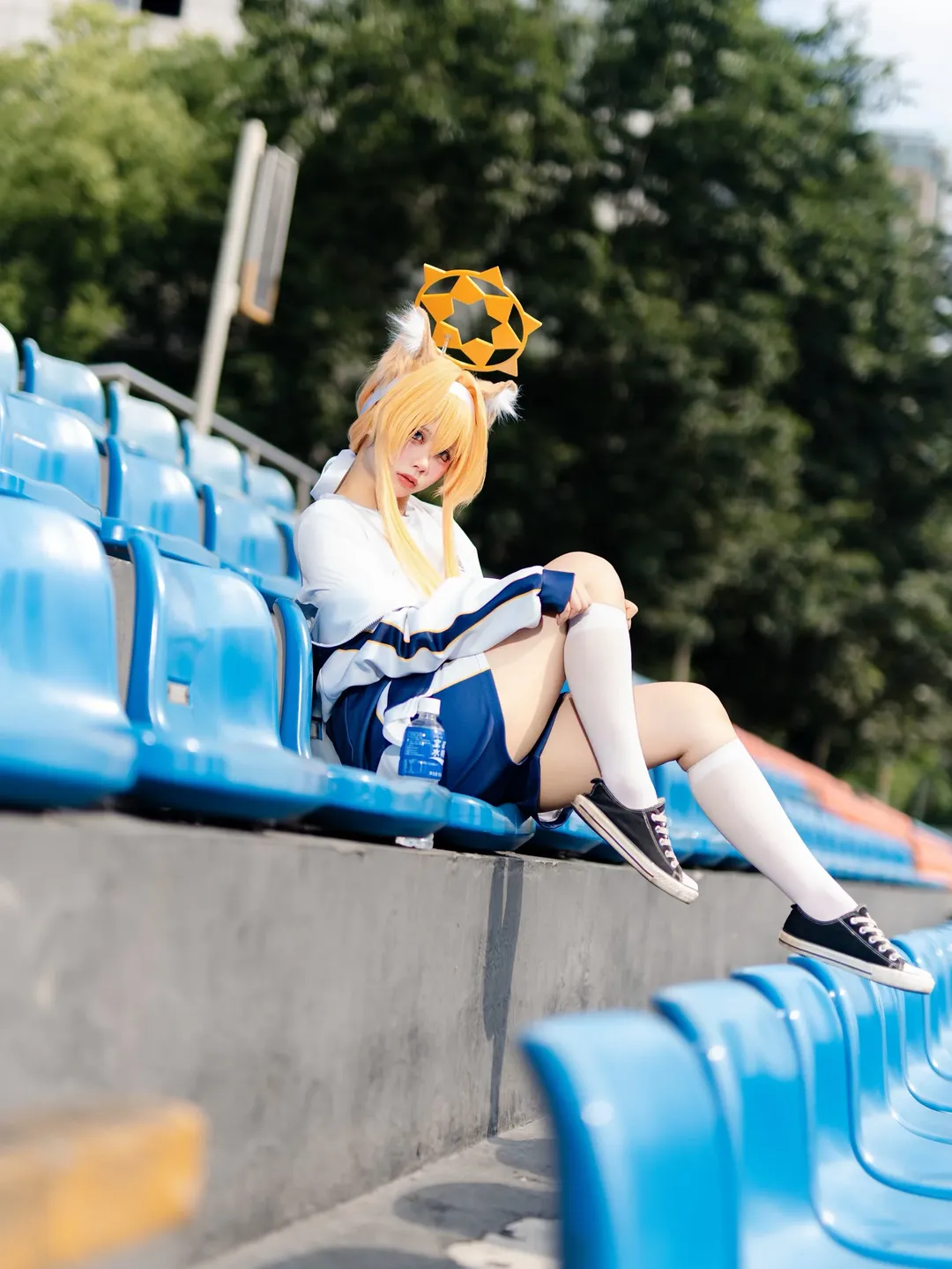 Outdoor photography, Blue Archive, Animal-eared girl, Iochi Mari cosplay, Gymnastics uniform cosplay