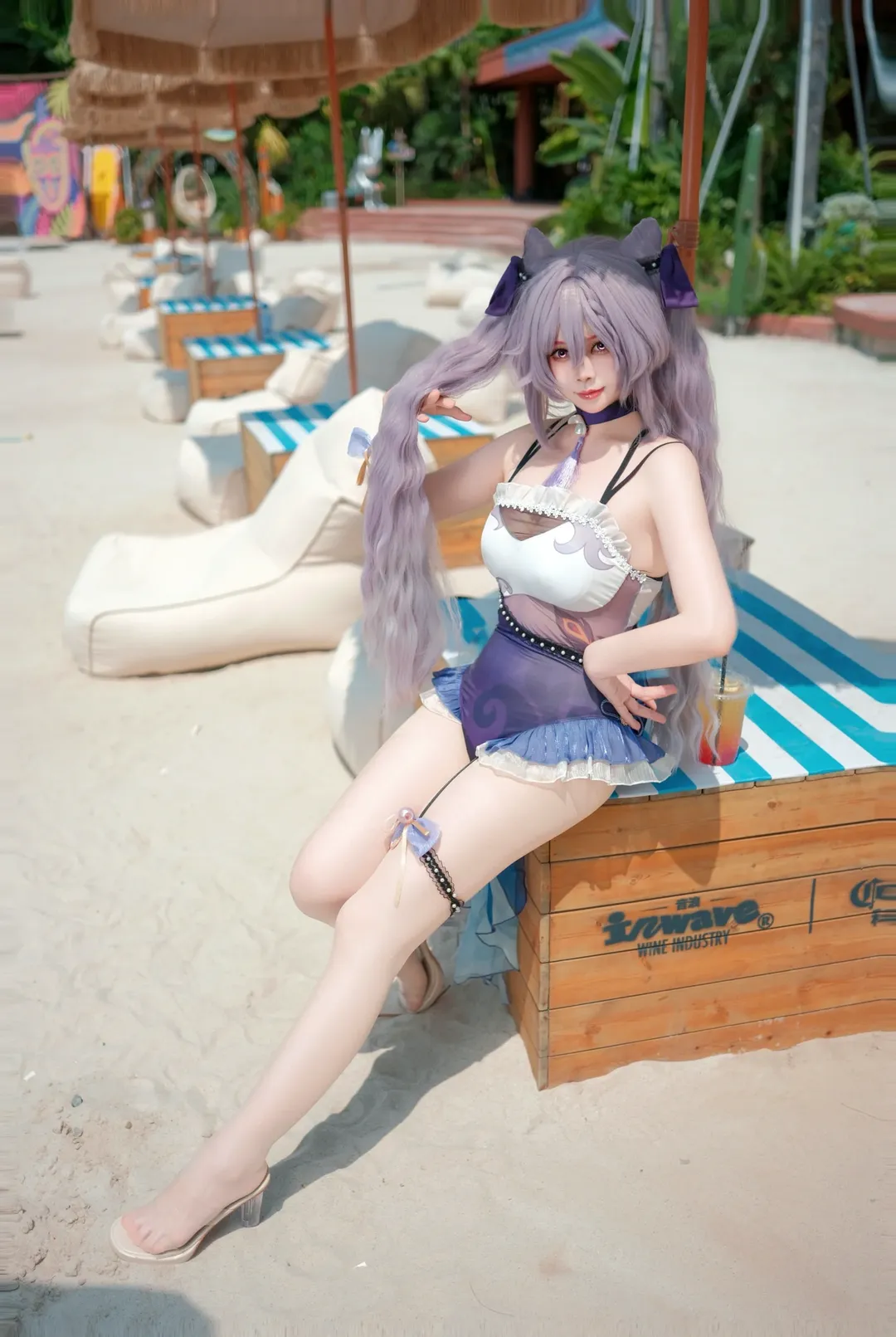 原神, 刻晴cos, 夏日cosplay, 刻晴泳装, 沙滩外景cos