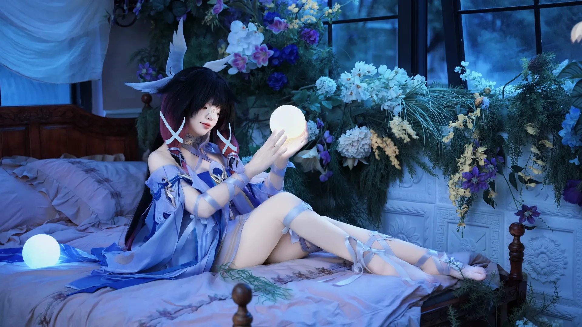 原神, コロンビーナ コスプレ, 雰囲気のある写真, コスプレ撮影, 月の少女