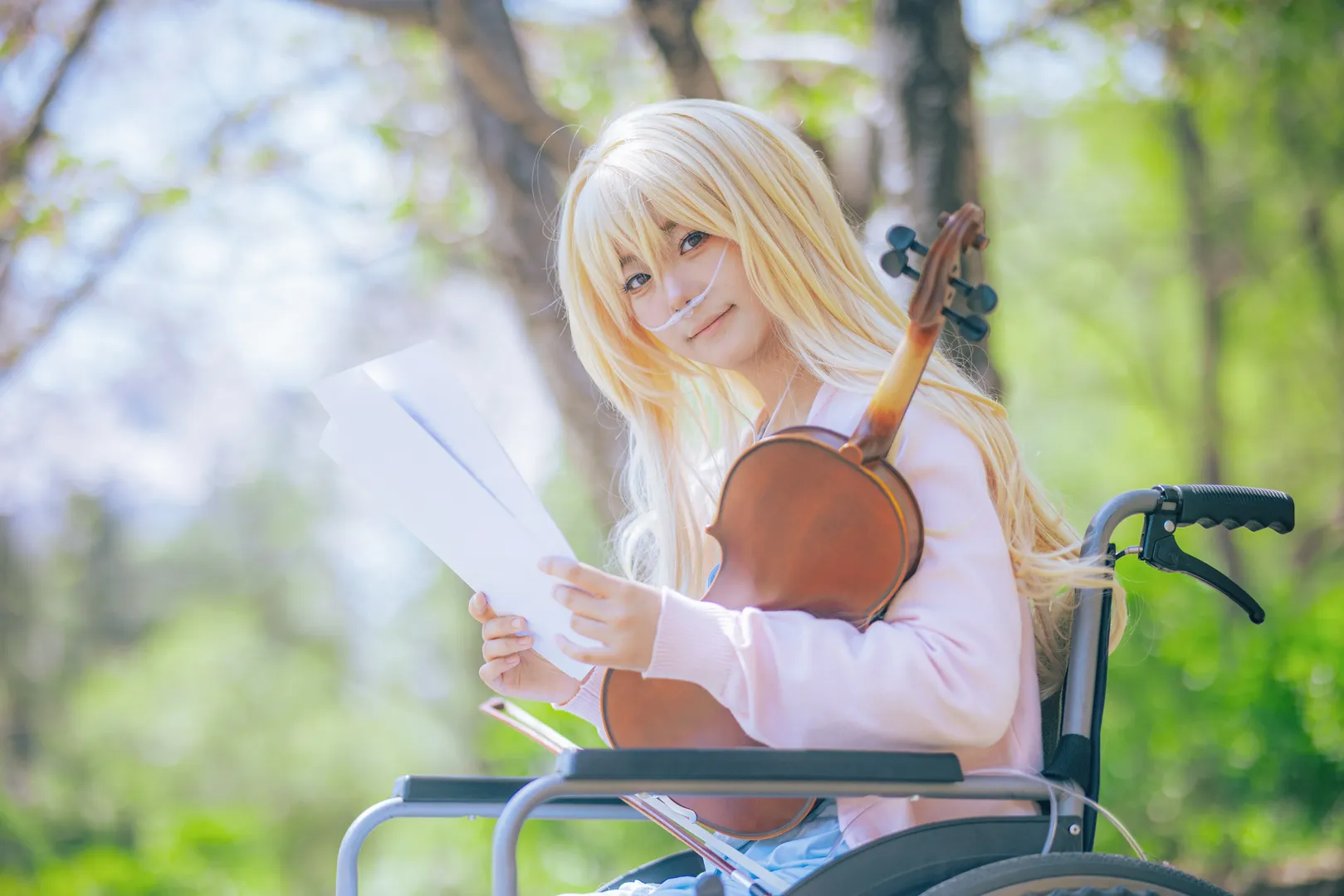 コスプレ写真, 四月は君の嘘 コスプレ, ヴァイオリン屋外撮影, 春の桜の雰囲気, 車椅子コスプレ