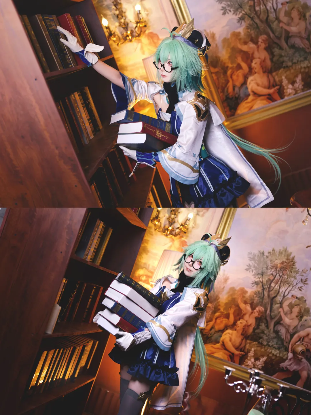 Genshin Impact, Sucrose cosplay, Cosplay photography, Library scene, Scholar outfit - Image 1