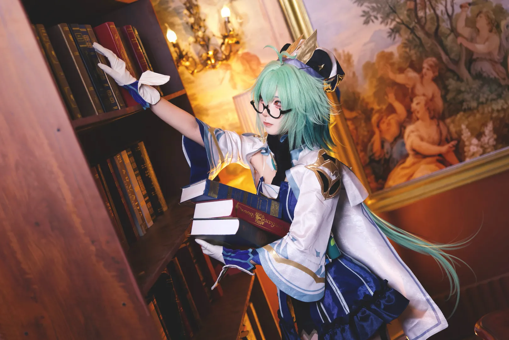 Genshin Impact, Sucrose cosplay, Cosplay photography, Library scene, Scholar outfit - Image 2