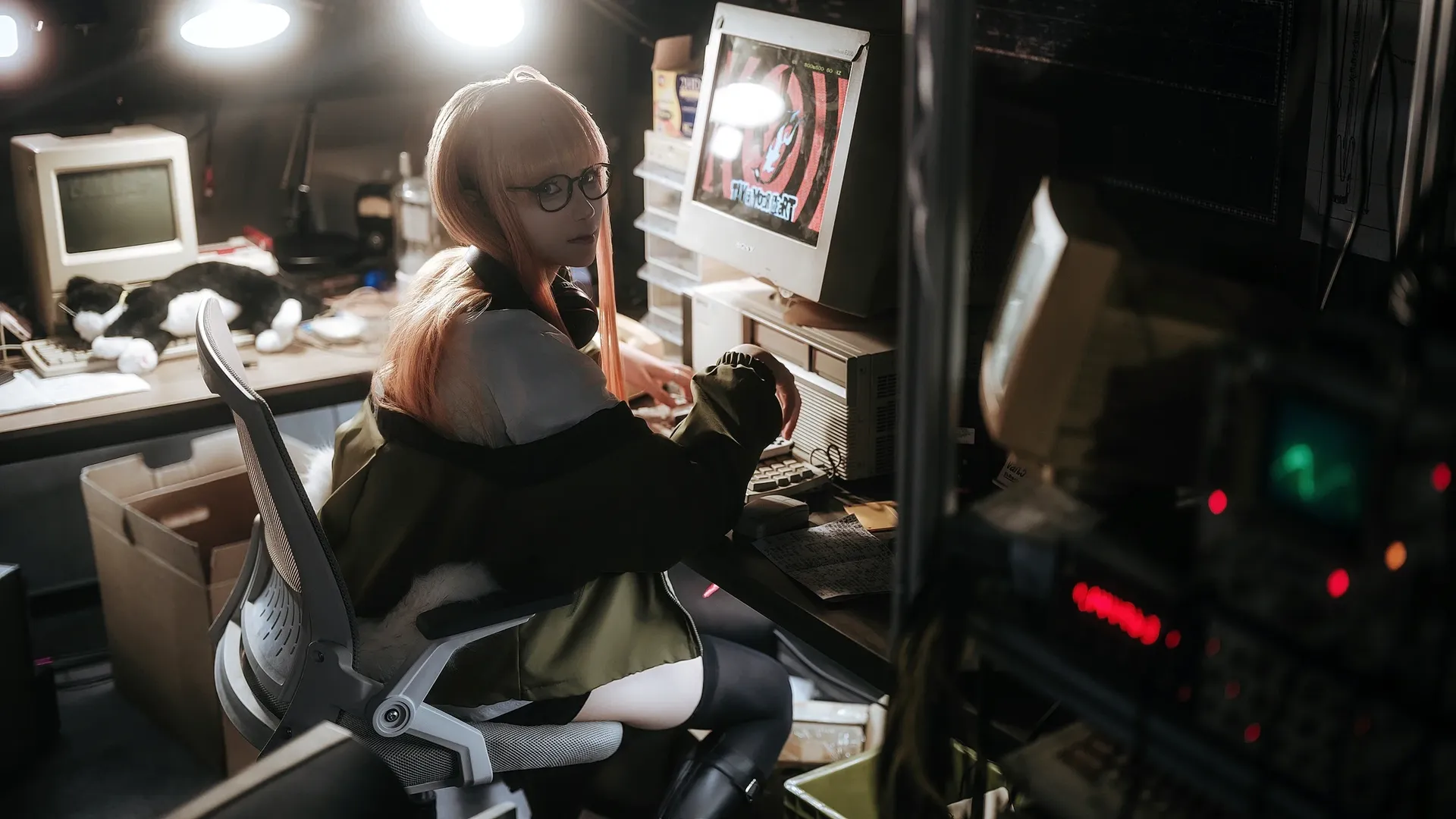 Persona 5, Retro-futuristic vibe, Futaba Sakura cosplay, Geek girl, Dark tone atmospheric portrait