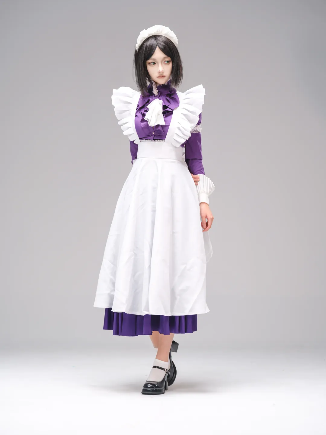 棚拍cosplay, 海市蜃楼之馆cos, 紫色荷叶边女仆装, 复古优雅妆造, 人偶风摄影