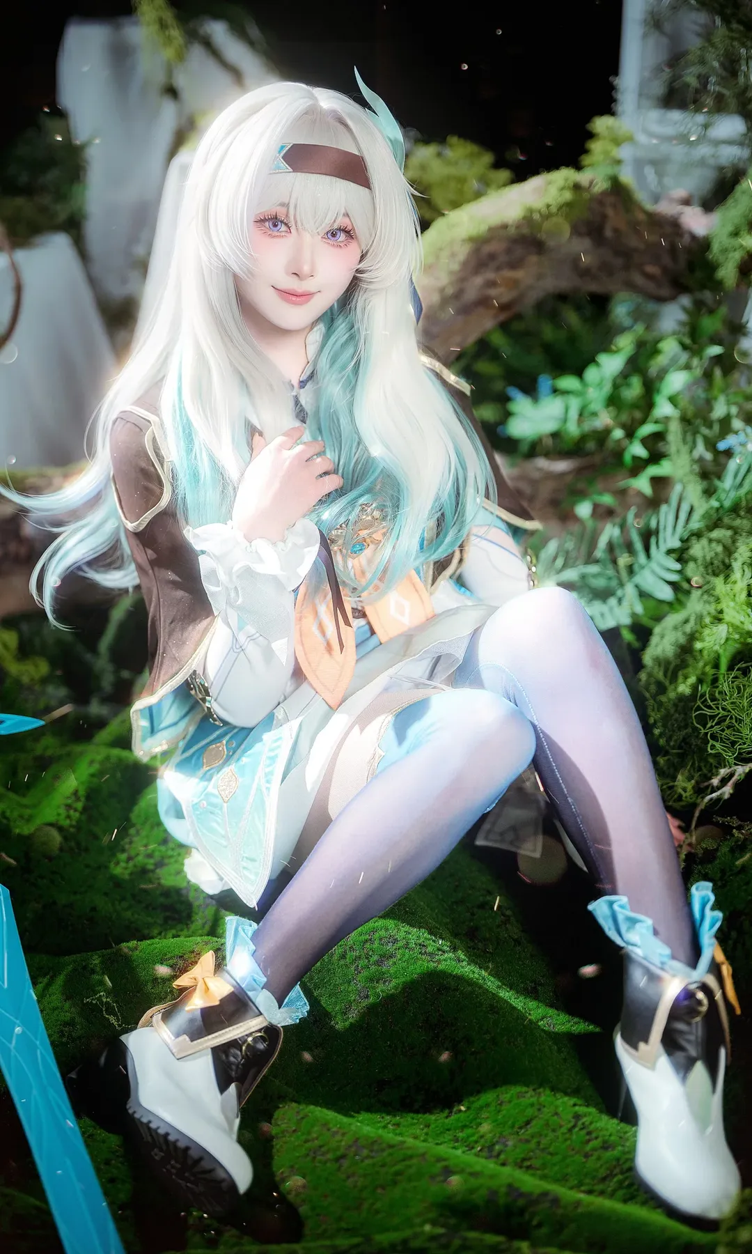 Anime-style photography, Firefly cosplay, Honkai: Star Rail, Cosplay photoshoot, Forest-style scene setting