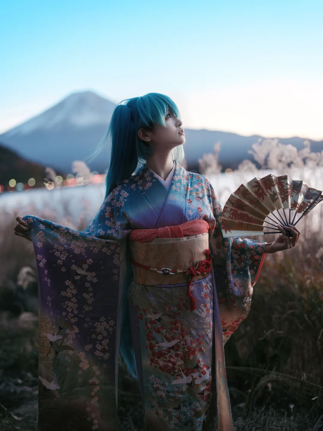 二次元摄影, 初音未来cos, 和服, 富士山, 河口湖