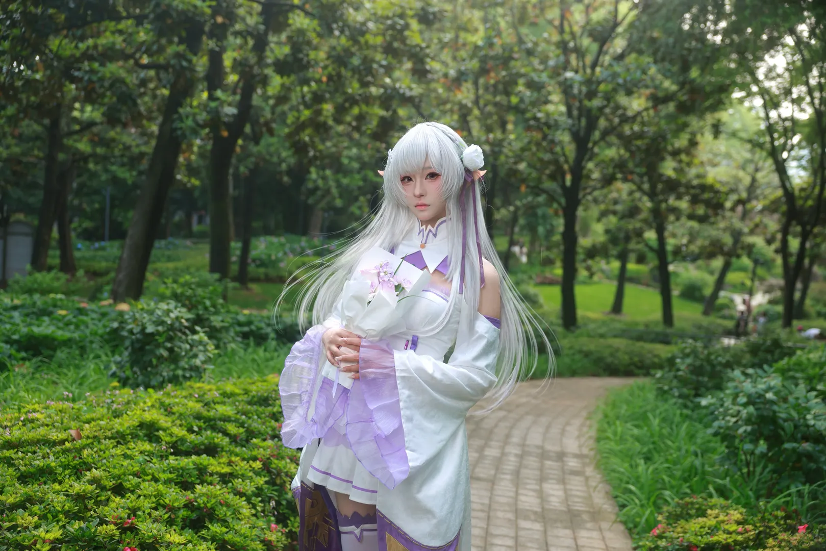 从零开始的异世界生活, 爱蜜莉雅cos, 银发cosplay, 绣球花写真, 户外人像摄影 - 第1张