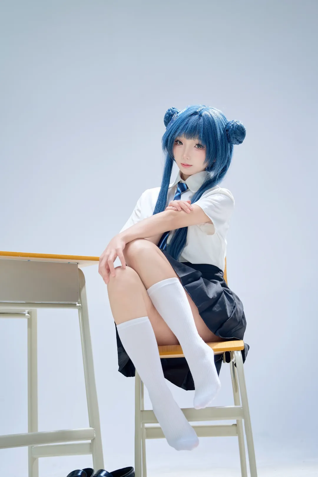 蔚蓝档案, 妃咲cos, JK制服, 棚拍摄影, 蓝发双丸子