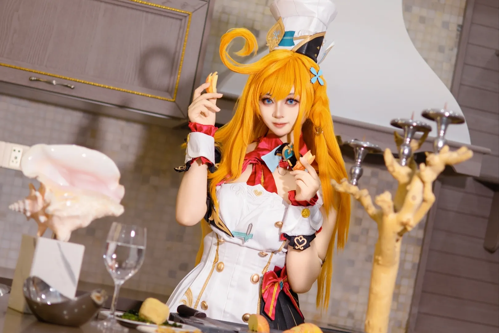 原神, 愛可菲cos, 白絲穿搭, 廚房寫真, 廚娘cosplay - 第1張