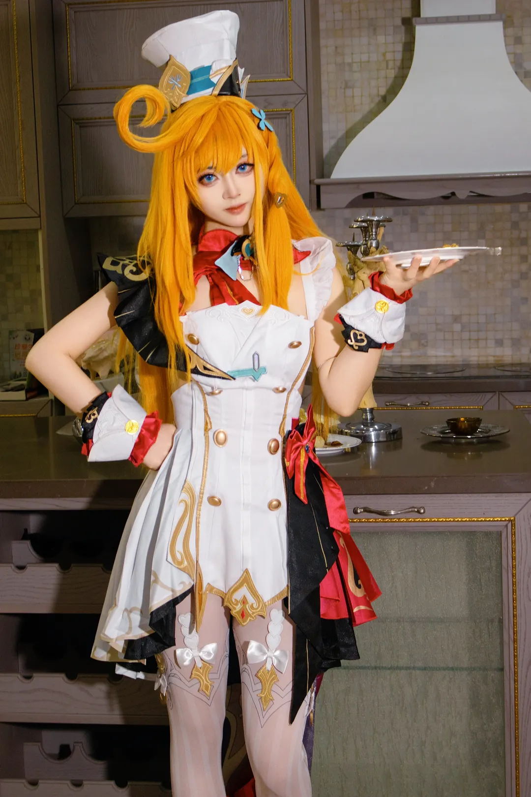 原神, 爱可菲cos, 白丝穿搭, 厨房写真, 厨娘cosplay